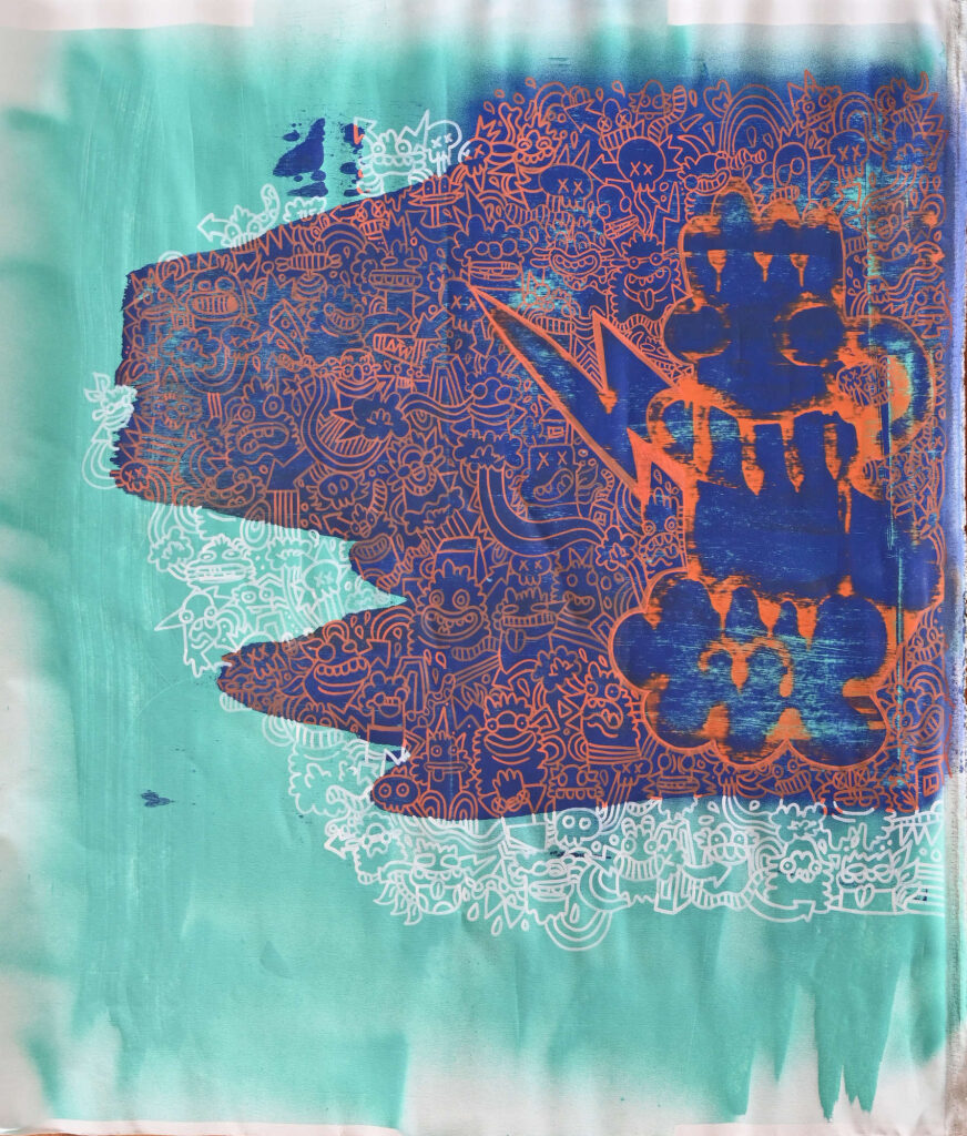 Cover-up by Fatin Rahmouni, layered painting with intricate orange drawings partially concealed by broad blue painted forms
