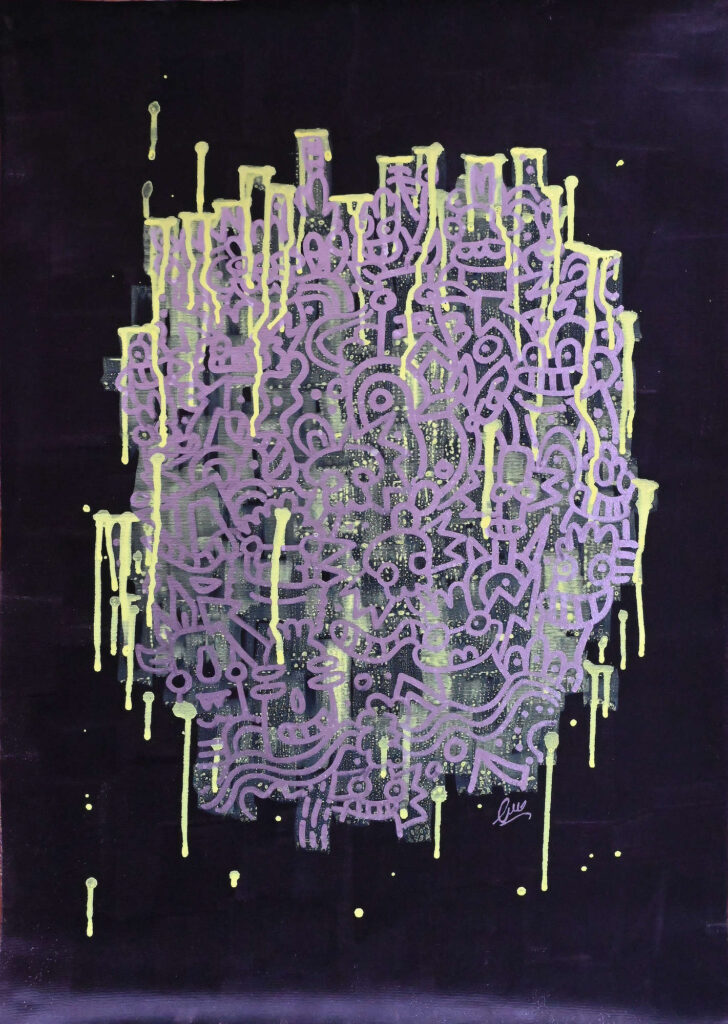 Dimension Hole by Fatin Rahmouni, contemporary painting with lavender linework and fluorescent drips on a deep black background.