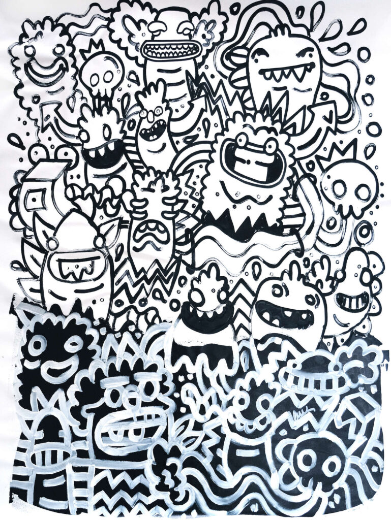 Double Oreo, black-and-white painting with densely arranged expressive characters and graphic linework.
