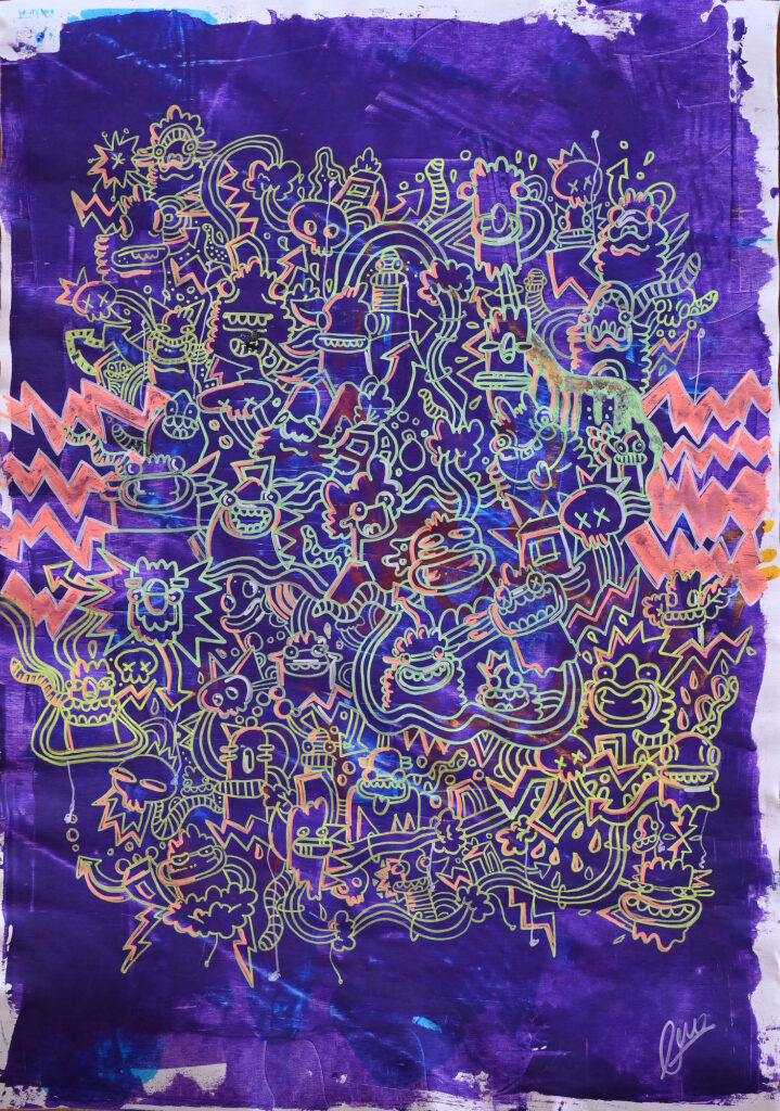 Electric Monsters, contemporary painting with fluorescent character linework layered across a deep violet background.
