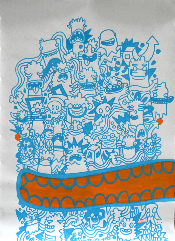 Blue Smile by Fatin Rahmouni, blue line-drawn figures on white with a bold orange form
