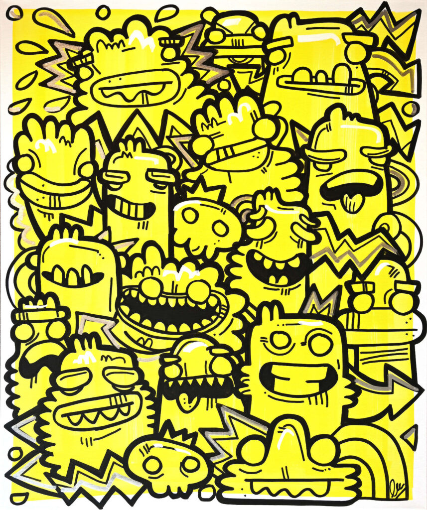 Frequent Flashlight Blinking, contemporary painting with bold black graphic linework and abstract characters on a vivid yellow background.