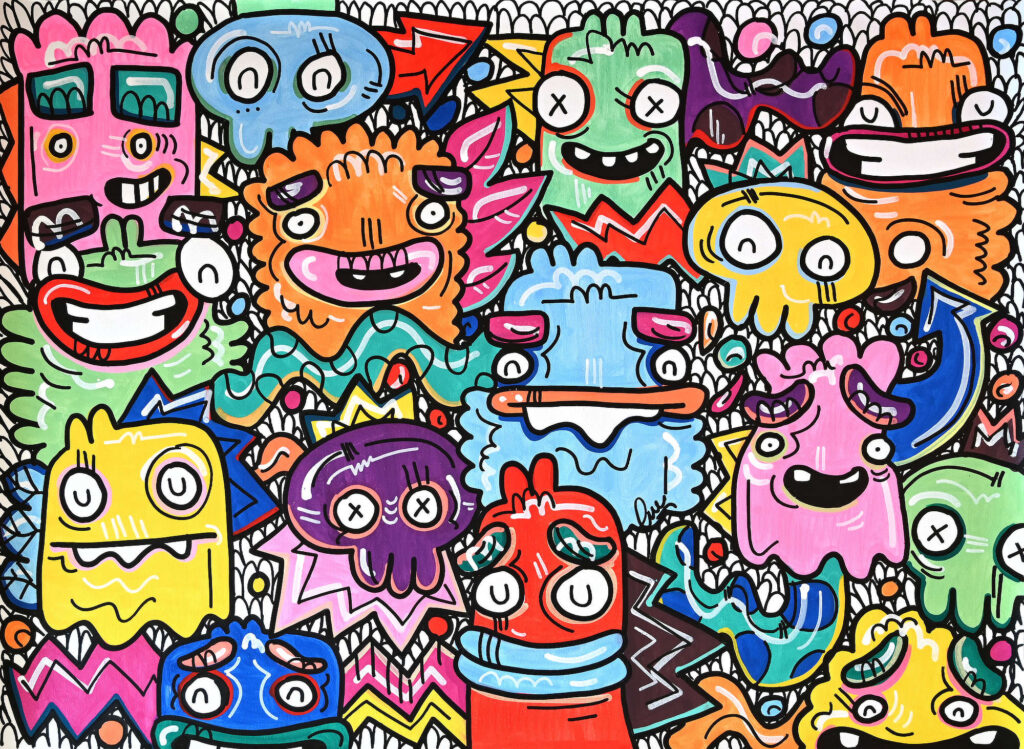Pink Tomato, contemporary painting featuring a dense composition of colourful monster characters with expressive faces and bold outlines.