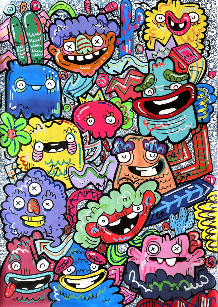 Spectecular Shapeshifters by Fatin Rahmouni, a vertical painting of colourful monster figures with bold outlines and expressive forms.