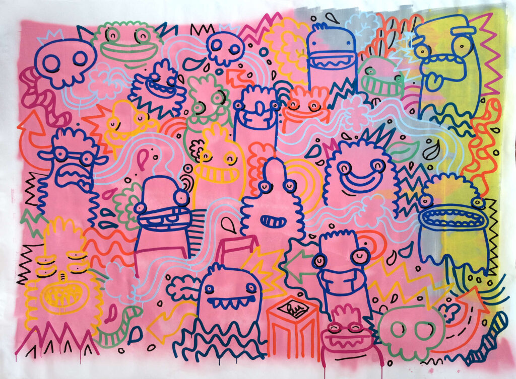 Grapefruit Flavour, colourful contemporary painting with playful monster characters, flowing lines and vivid pink, blue, green and yellow tones.