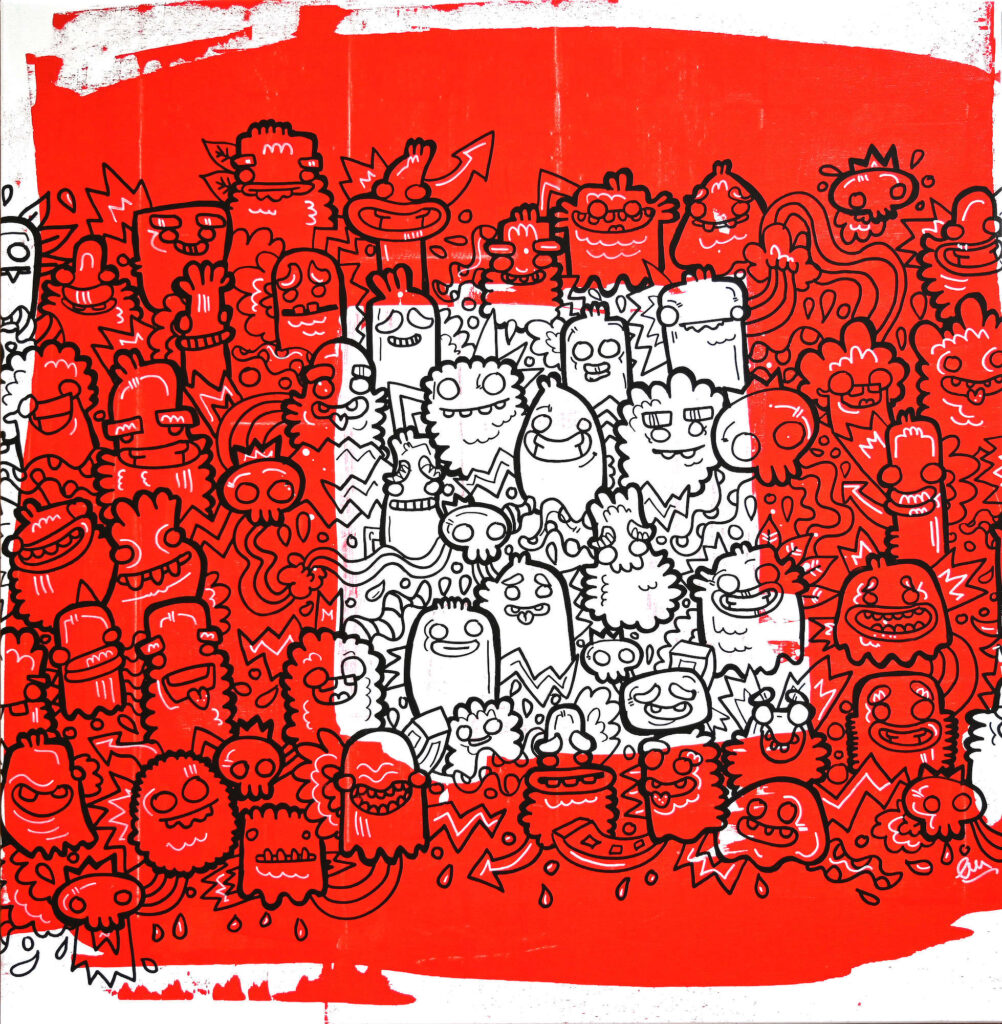 Green Flag by Fatin Rahmouni, red figurative artwork with a contrasting white central field