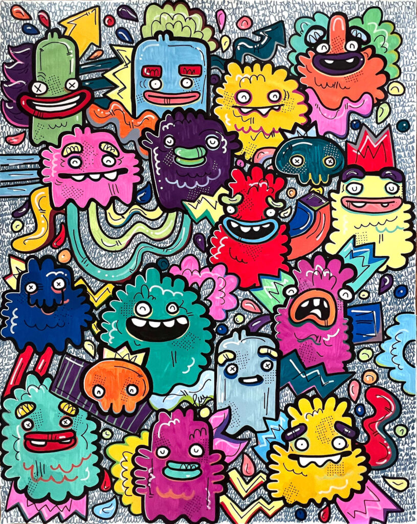 Griddish Happiness, contemporary painting of colourful monster figures arranged in a geometric grid with bold black outlines.
