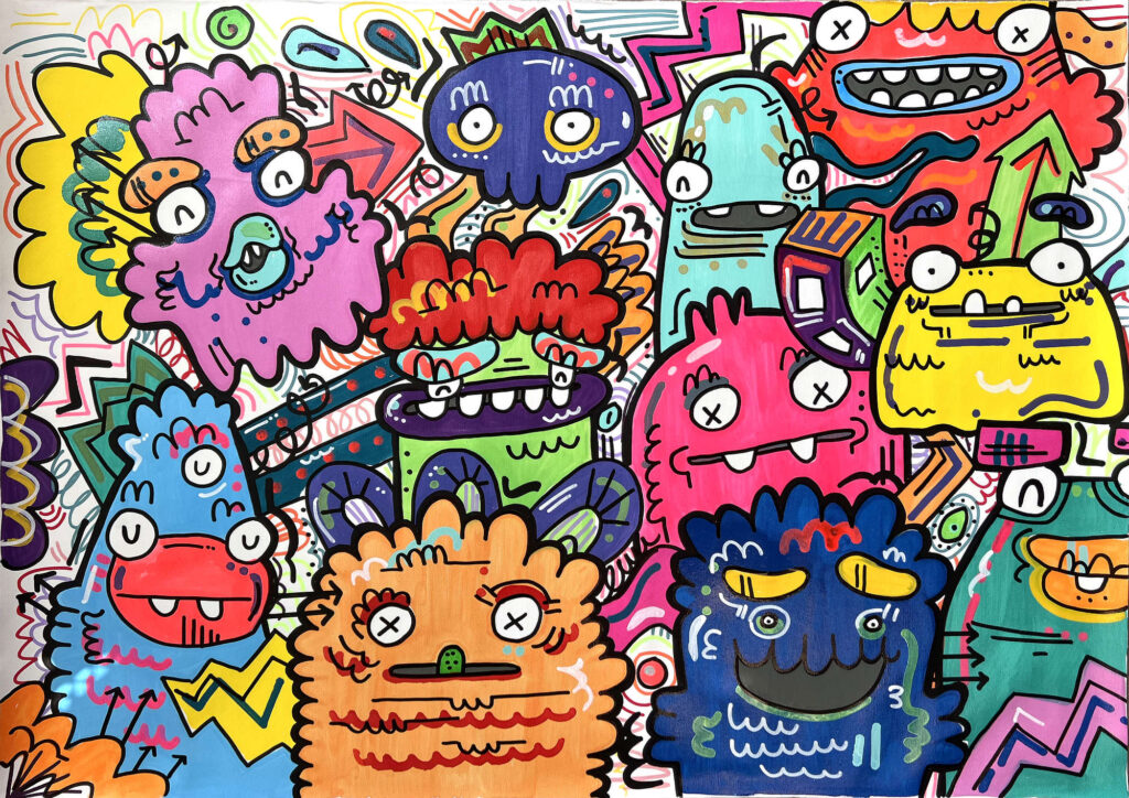 Jelly Baby by Fatin Rahmouni, a vibrant contemporary painting featuring colourful monster characters, bold outlines and densely layered forms.