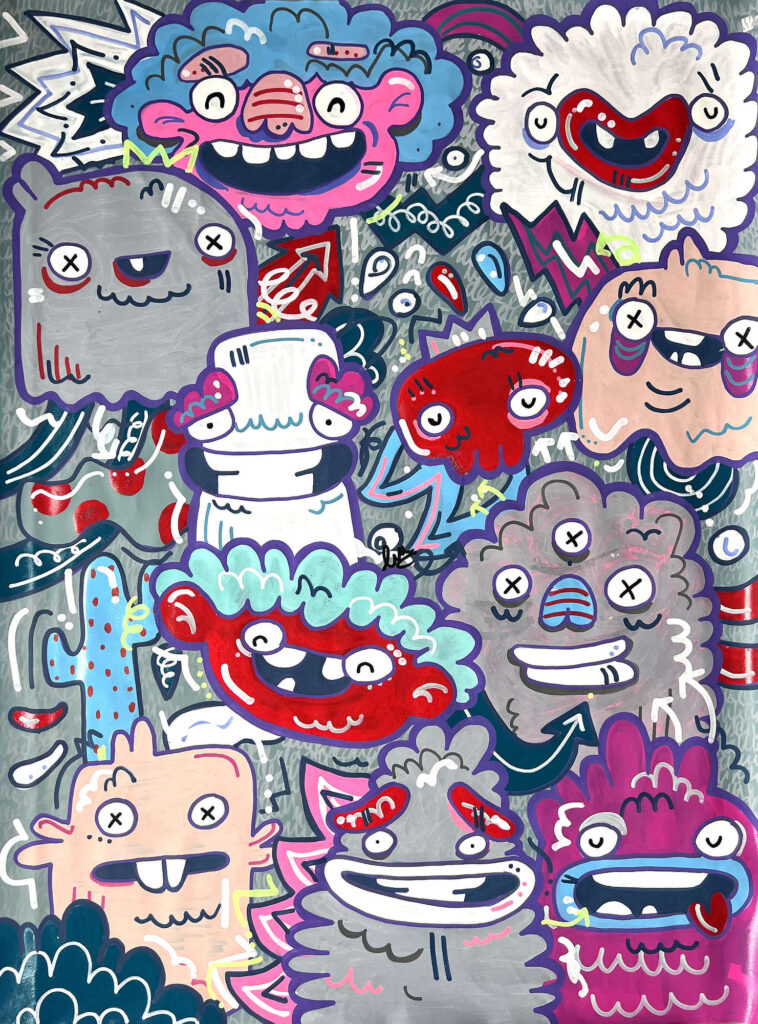 Lightning Shadow by Fatin Rahmouni, an expressive contemporary painting with playful monster figures, energetic linework and luminous layered colours.