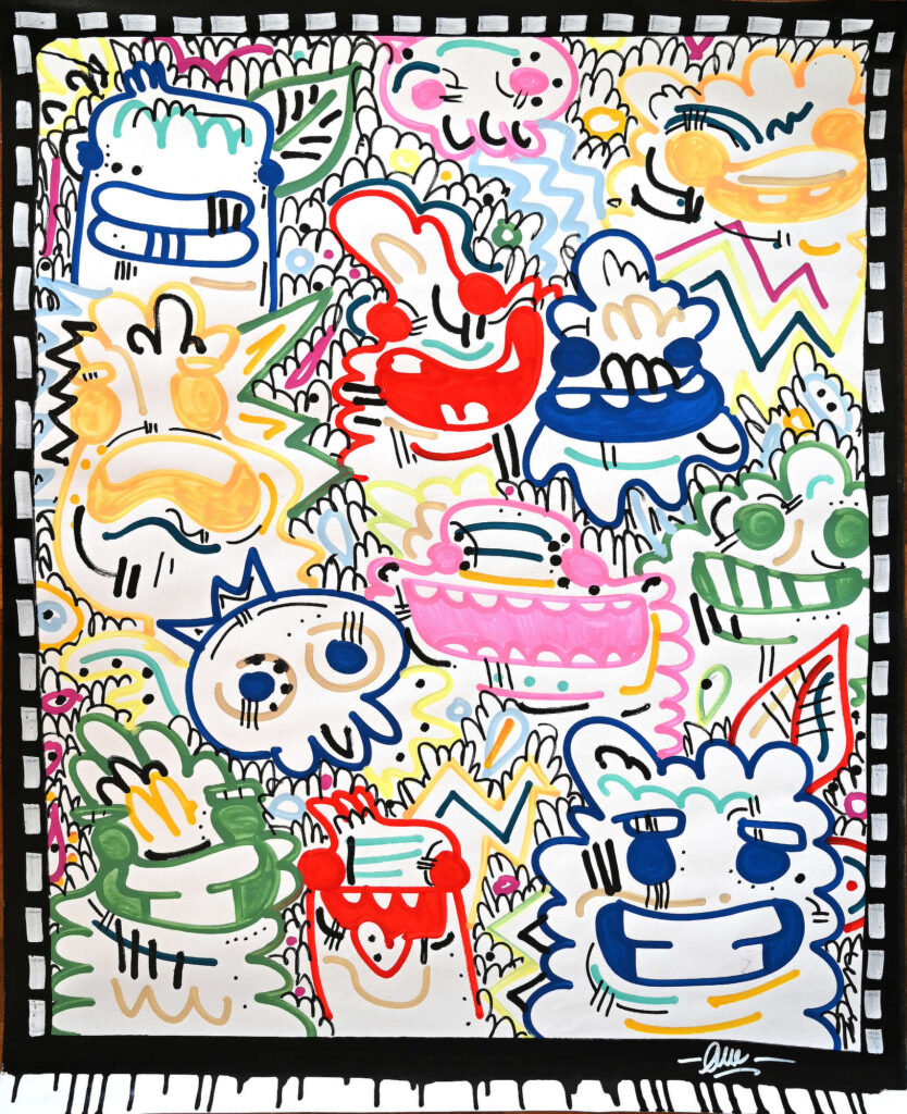 Memory Lane, colorful contemporary painting with layered monster characters, playful figures and intricate hand-drawn details.