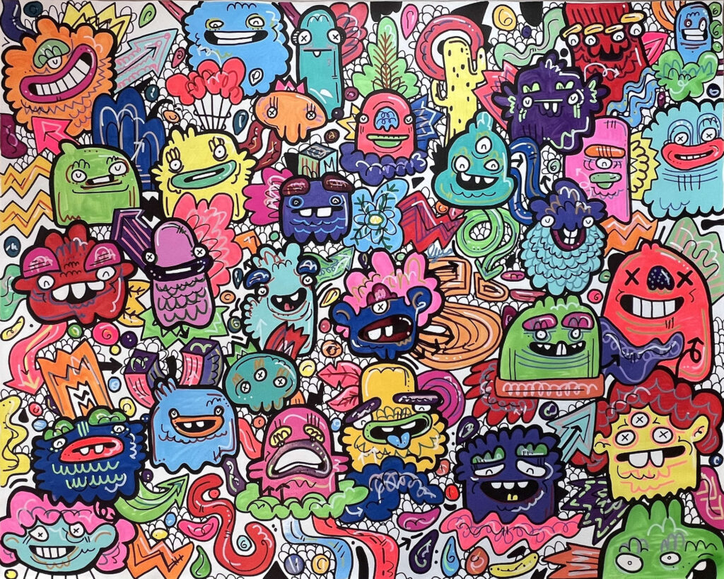 Mermaid Miracle by Fatin Rahmouni, a colourful painting featuring densely arranged monster figures, bold outlines and playful forms.