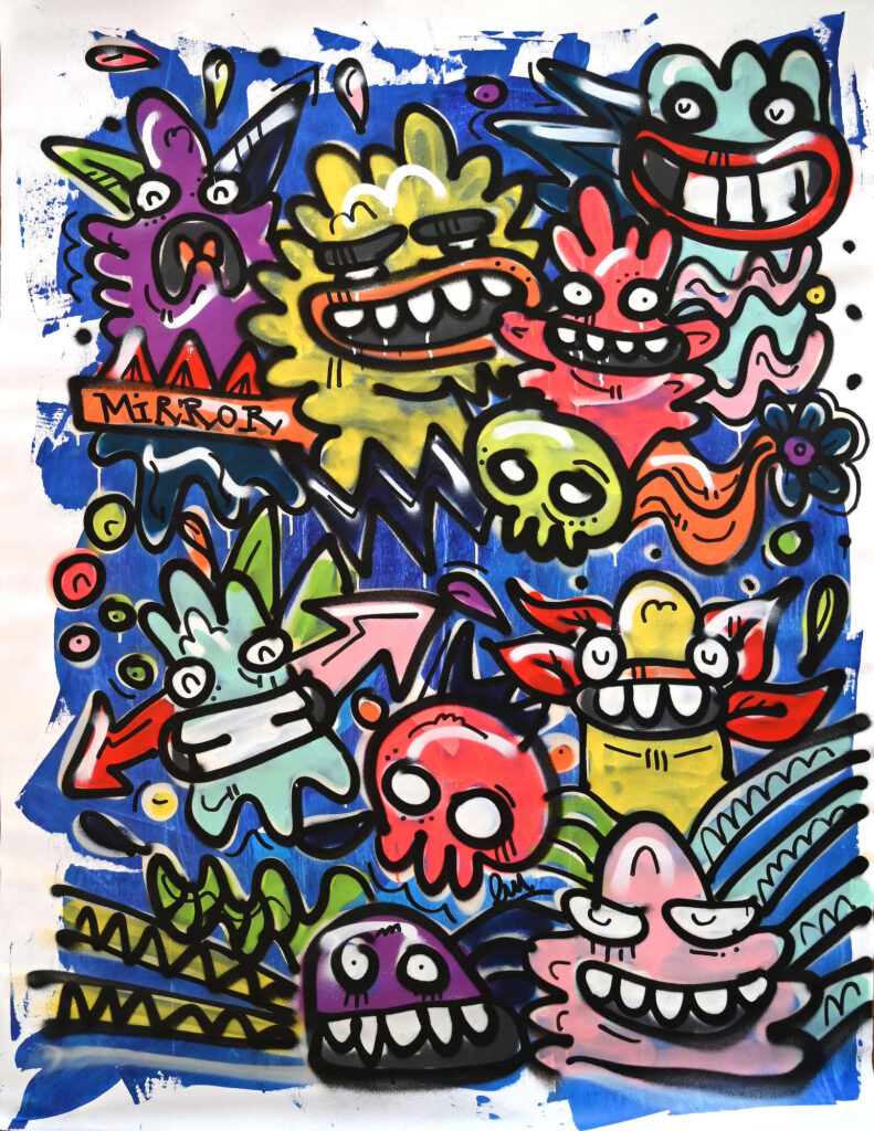 Mirror, colourful contemporary painting with expressive monster characters, bold contrasts, dynamic arrows and layered graphic symbols.