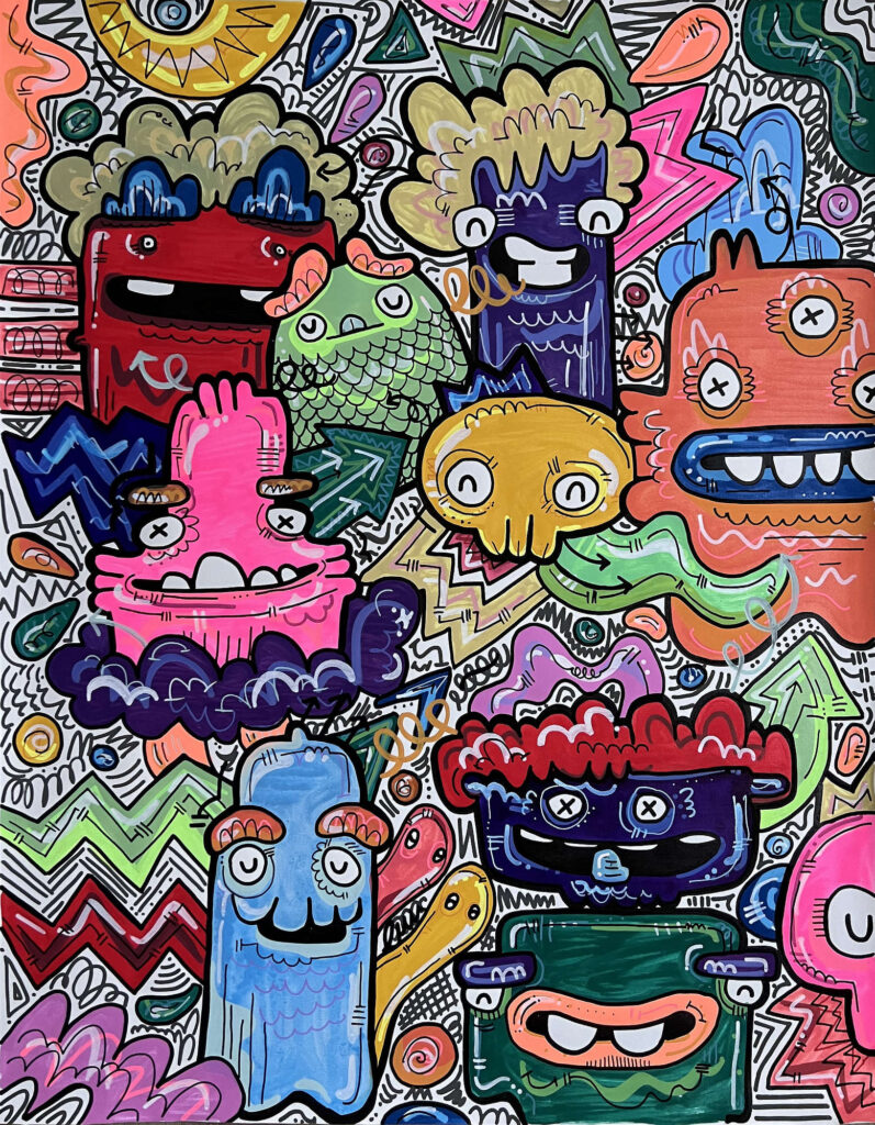 Penny’s Perfection by Fatin Rahmouni, a colourful painting featuring expressive monster figures, bold outlines and contrasting forms.