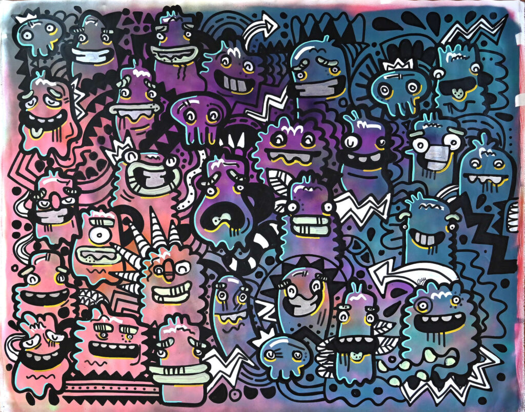 Player, large-scale acrylic and spray paint artwork featuring a dense crowd of colourful monster characters in pink, blue and violet.