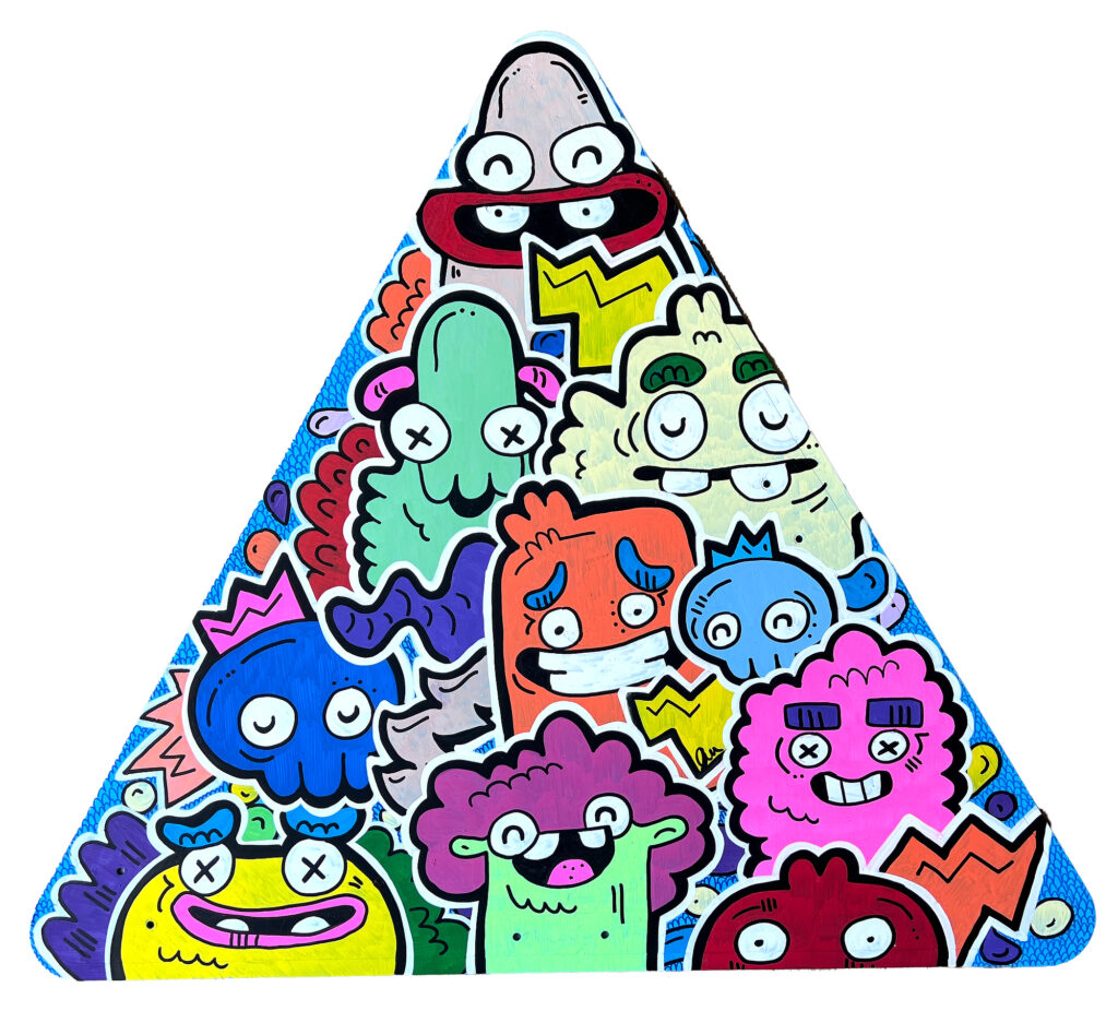 Front view of Sticky Monsters | No Room Left, a triangular traffic sign by Fatin Rahmouni densely populated with colourful monster characters.