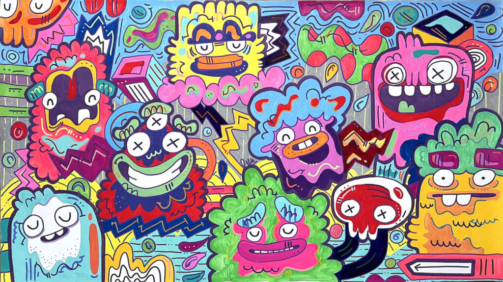 Splishsplash by Fatin Rahmouni, a colourful painting of expressive monster figures with bold outlines, playful forms and a lively composition.