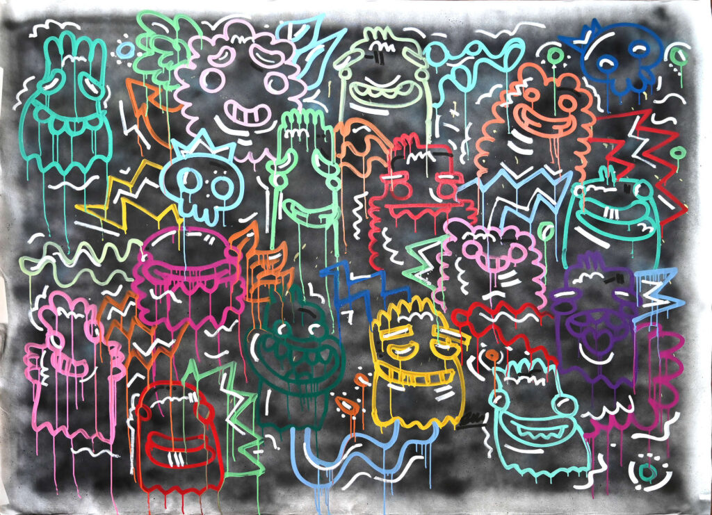 Springtime Halloween Sparkle, contemporary painting with colourful neon-like monster figures, expressive outlines and layered linework on a dark background.