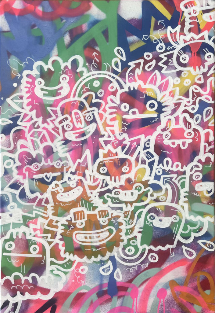 The 313 by Fatin Rahmouni, a contemporary painting with densely layered figures, bold outlines, vivid colours and energetic gestural marks.