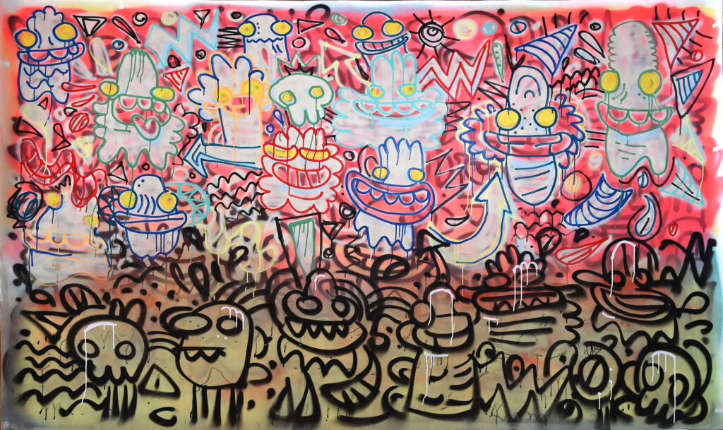 The Wall, contemporary painting with a vibrant upper field of colourful monsters and a dense horizontal row of darker figures below.