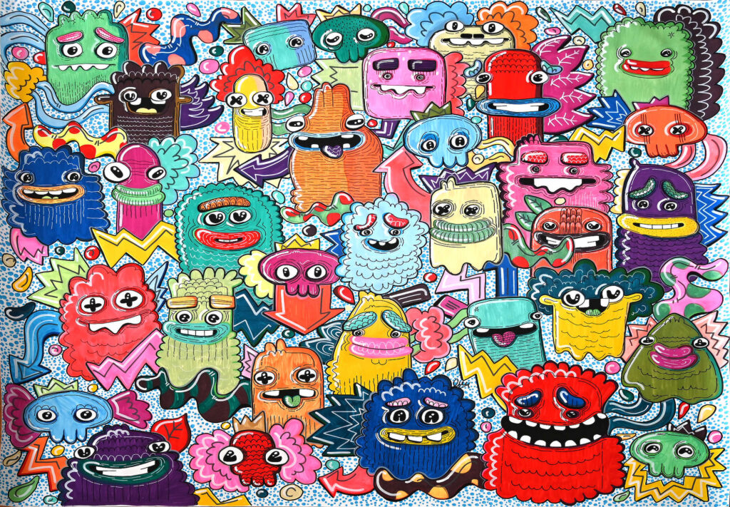 Yellow Pill, contemporary painting featuring a dense crowd of colourful monster characters with bold outlines and individual expressions.