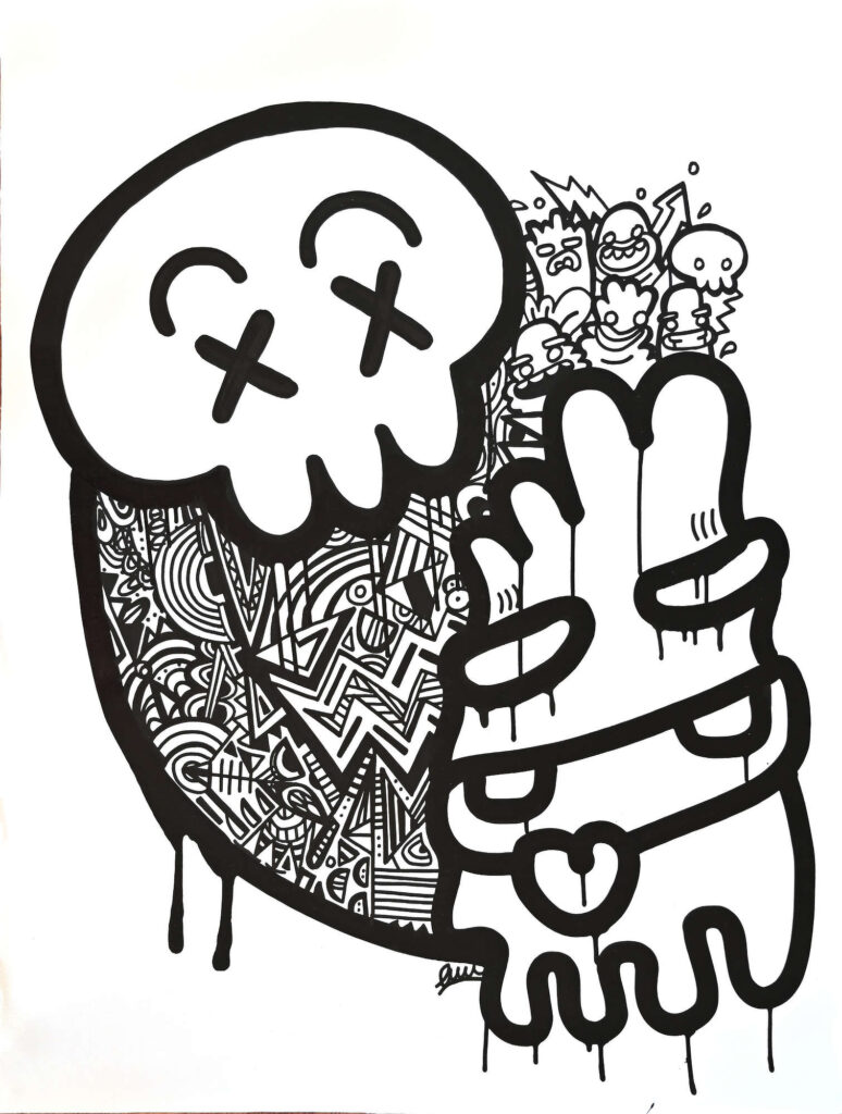 Connected, black and white contemporary artwork combining bold graphic figures with densely layered miniature drawings.