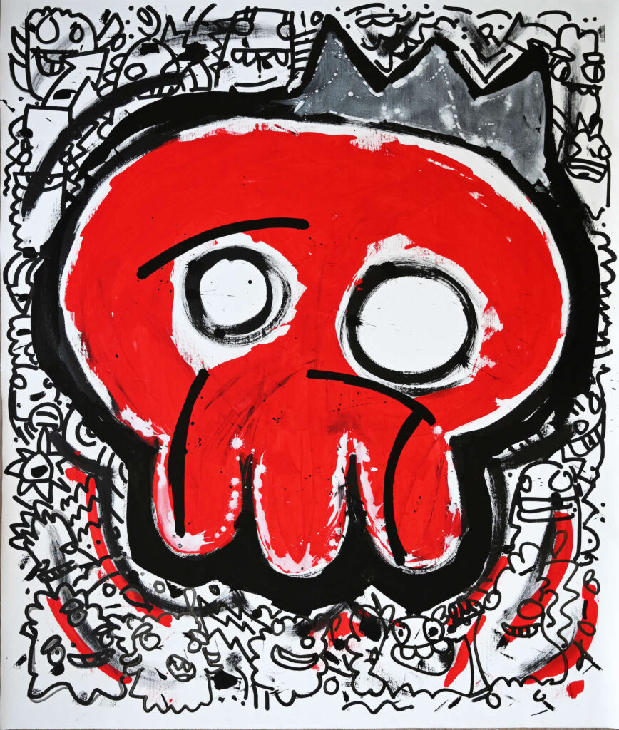 Preloaded Devestation, contemporary painting featuring a bold red monster with large white eyes surrounded by intricate black-and-white linework.