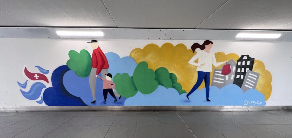 Illustrated wall design inside the Radolfzell railway station underpass, created by Fatin Rahmouni.