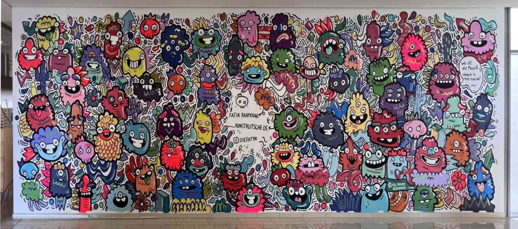 Large-scale interior mural by Fatin Rahmouni at Rasthof Engen in Germany.